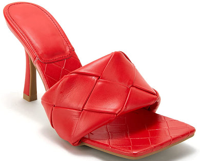 Woven Leather Mule Red Square Open Toe Quilted High Heel Sandals
