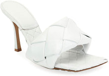 Load image into Gallery viewer, Woven Leather Mule White Square Open Toe Quilted High Heel Sandals