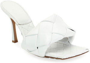 Woven Leather Mule White Square Open Toe Quilted High Heel Sandals