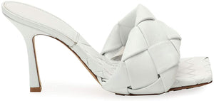 Woven Leather Mule White Square Open Toe Quilted High Heel Sandals