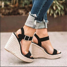 Load image into Gallery viewer, Black Wedge Ankle Strap Open Toe Platform Sandals