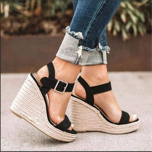 Black Wedge Ankle Strap Open Toe Platform Sandals