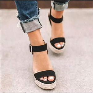 Black Wedge Ankle Strap Open Toe Platform Sandals