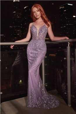 Italian Lace Embroidered Deep V Neck Violet Sleeveless Gown