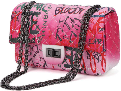 Red Quilted Crossbody Graffiti Clutch Purse Handbag Shoulder Bags