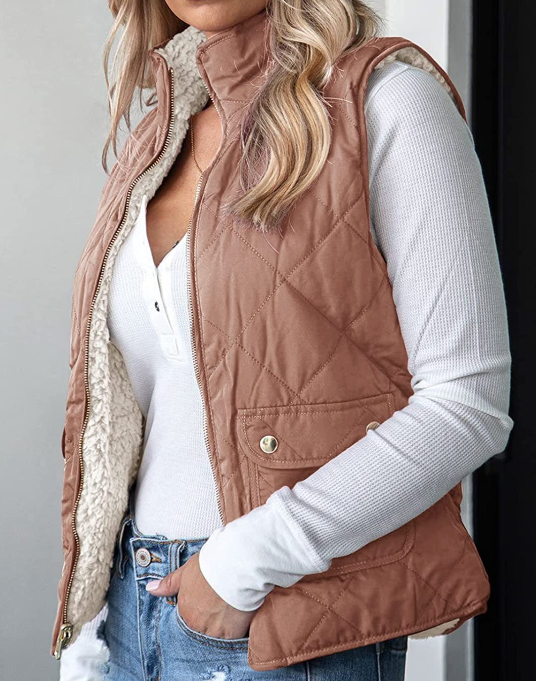 Reversible Khaki Quilted Sherpa Fleece Sleeveless Vest