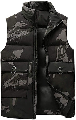 Men's Black Camo Outdoor Casual Stand Collar Padded Vest Coat