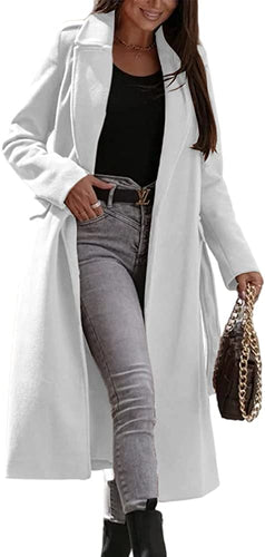 Comfy Wool Blend White Belted Coat with Pockets