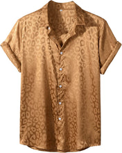 Load image into Gallery viewer, Men&#39;s Brown Satin Leopard Jacquard Short Sleeve Shirt