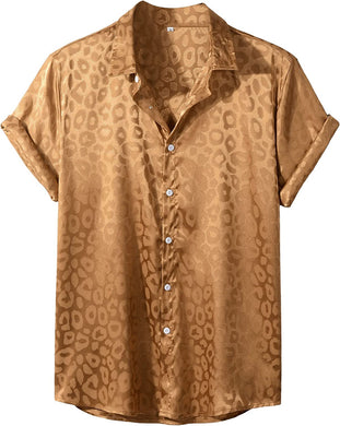 Men's Brown Satin Leopard Jacquard Short Sleeve Shirt