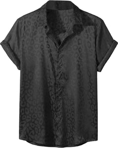 Men's Brown Satin Leopard Jacquard Short Sleeve Shirt