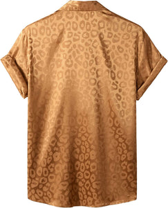 Men's Black Satin Leopard Jacquard Short Sleeve Shirt