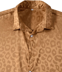 Men's Black Satin Leopard Jacquard Short Sleeve Shirt