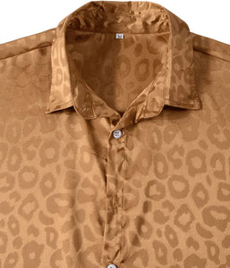 Men's White Satin Leopard Jacquard Short Sleeve Shirt