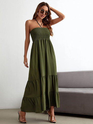 Halter Neck Army Green Shirred Ruffle Hem Maxi Dress