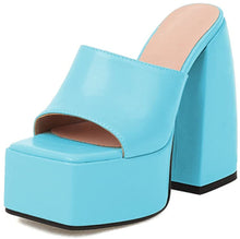 Load image into Gallery viewer, Square Peep Toe Blue Slip On Chunky High Heel Platform Sandals