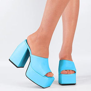Square Peep Toe Blue Slip On Chunky High Heel Platform Sandals
