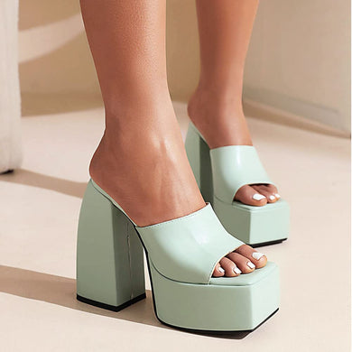 Square Peep Toe Light Green Slip On Chunky High Heel Platform Sandals