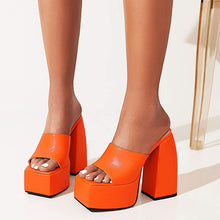 Load image into Gallery viewer, Square Peep Toe Orange Slip On Chunky High Heel Platform Sandals