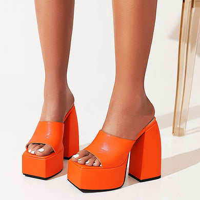 Square Peep Toe Orange Slip On Chunky High Heel Platform Sandals