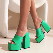 Load image into Gallery viewer, Square Peep Toe Green Slip On Chunky High Heel Platform Sandals