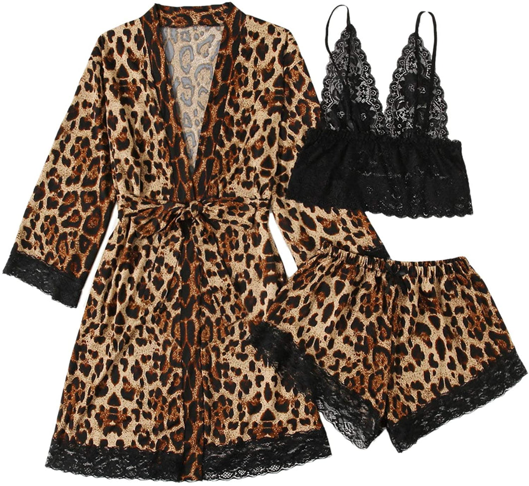 Leopard Floral Lace Lingerie Top w/Robe Sleepwear Set
