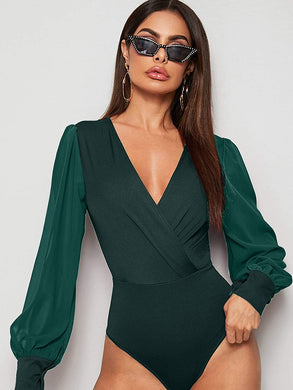 Snappy Wrap Dark Green Deep V-Neck Long Sleeve Bodysuit