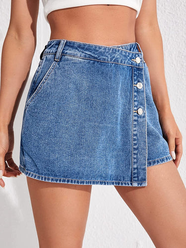Asymmetrical Hem Denim High Waist Mini Skirt
