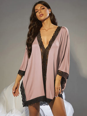 Lace Trim Dusty Pink V-Neck Batwing Sleeve Chemise Nightgown