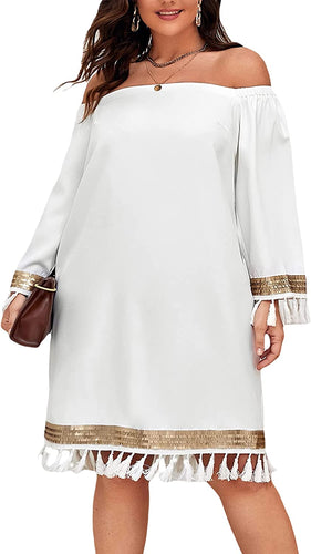 Metallic White Tassel Trim Off Shoulder Dress