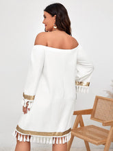 Load image into Gallery viewer, Metallic White Tassel Trim Off Shoulder Dress