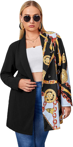 Plus Size Black Two Tone Luxury Printed Long Sleeve Blazer Jacket