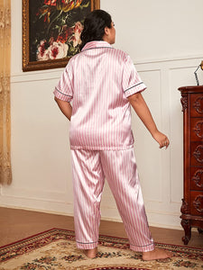 Plus Size Light Pink Satin Striped 2 Piece Sleepwear