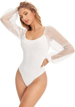 Load image into Gallery viewer, White Mesh White Polka Dots Sheer Sleeve Bodysuit