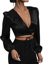 Load image into Gallery viewer, Crisscross Wrap Black Satin Long Sleeve Blouse