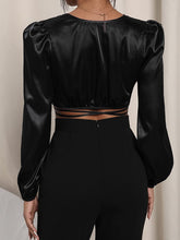 Load image into Gallery viewer, Crisscross Wrap Black Satin Long Sleeve Blouse