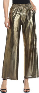 Shiny Metallic Gold Wide Leg Pants with Pockets