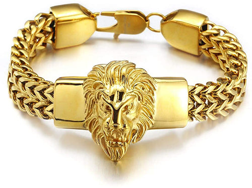 Fine Chain Gold Double Franco Lion Head Stainless Steel Bracelet