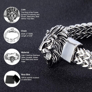Fine Chain Silver Double Franco Lion Head Stainless Steel Bracelet