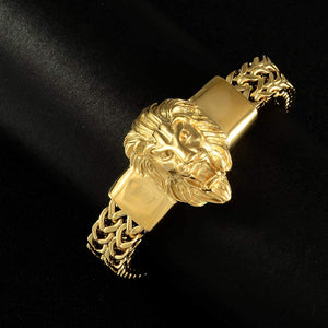 Biker Jewelry Gold Double Franco Chain Stainless Steel Lion Head