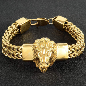 Biker Jewelry Gold Double Franco Chain Stainless Steel Lion Head