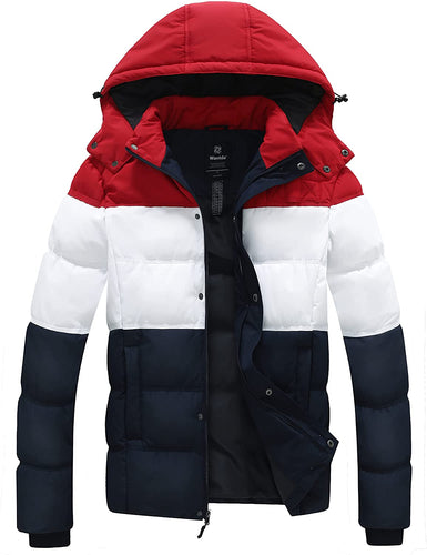 Men's Hooded Warm Puffer Red/White Winter Coat