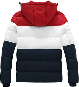 Men's Hooded Warm Puffer Red/White Winter Coat