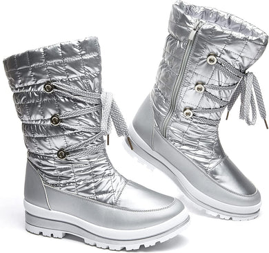 Silver Warm Fur Lined Side Zipper Combat Snow Boots