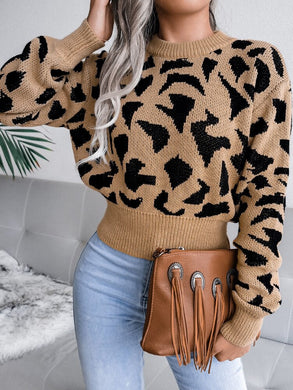 Cozy Knit Printed Khaki Brown Long Sleeve Banded Sweater