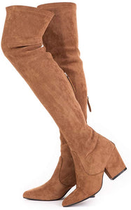 Winter Red Suede Over Knee Chunky Heel Boots