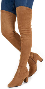 Winter Red Suede Over Knee Chunky Heel Boots