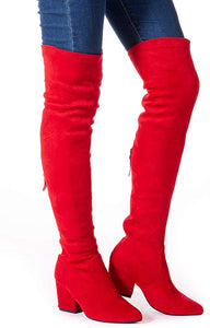 Winter Pink Suede Over Knee Chunky Heel Boots