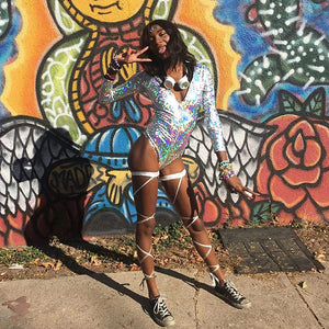 Holographic White Metallic Long Sleeve Hooded Bodysuit