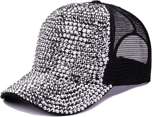 Rhinestone Selena Silver Black Adjustable Mesh Cap